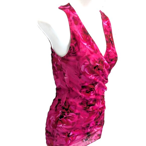 FUZZI Italy Bodycon Mesh Sleeveless Top Small Rose Print Faux Wrap Red Pink - Picture 4 of 16